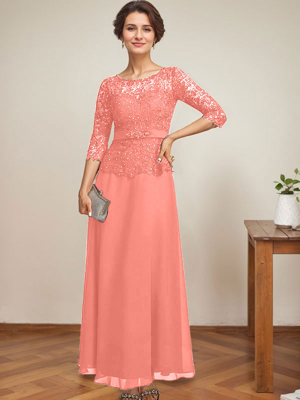 Vestido de gasa con encaje y escote ilusión hasta los tobillos para madre de la novia con cuentas de diamantes de imitación 