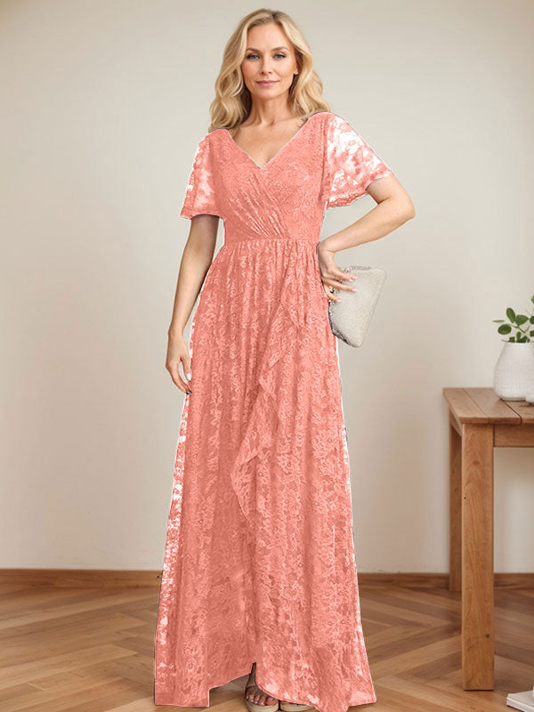 A-Linien-Kleid mit V-Ausschnitt, asymmetrischem Spitzenbesatz und Kaskadenrüschen für die Mutter der Braut 