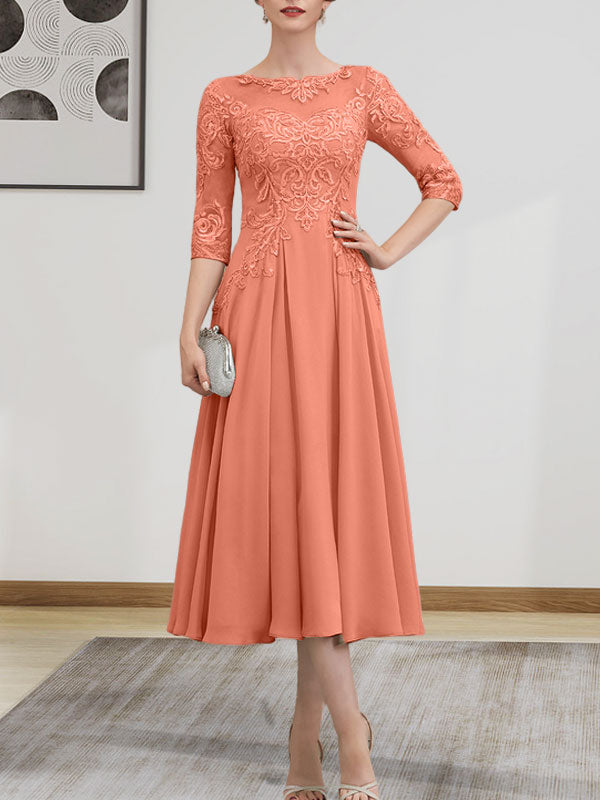 A-Linien-Kleid mit U-Boot-Ausschnitt, Illusion-Detail, Teelänge, Chiffonspitze, Perlenstickerei und Pailletten für die Mutter der Braut