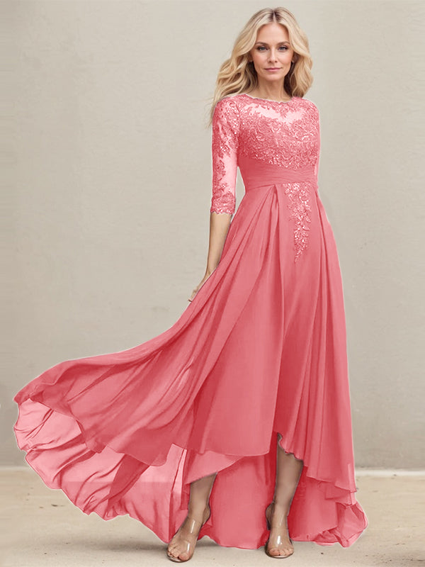 Vestido de madre de la novia de gasa con encaje asimétrico, ilusión, corte A y lentejuelas plisadas 