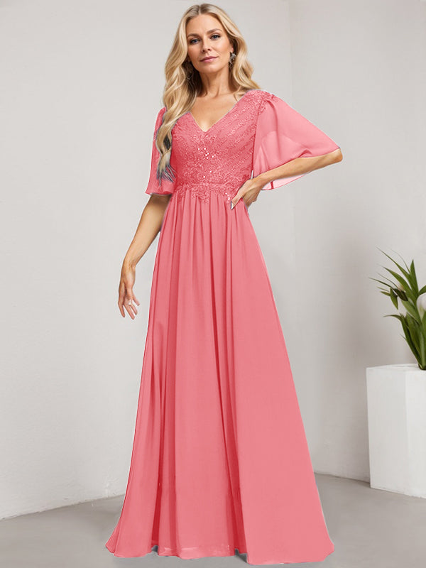 A-Linien-Kleid aus Chiffon mit V-Ausschnitt, bodenlang, mit Pailletten besetzt – ideal für die Mutter der Braut 