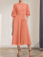 A-Linien-Kleid aus Chiffon mit hohem Kragen, Teelänge und Spitze für die Mutter der Braut, verziert mit einer Schleife