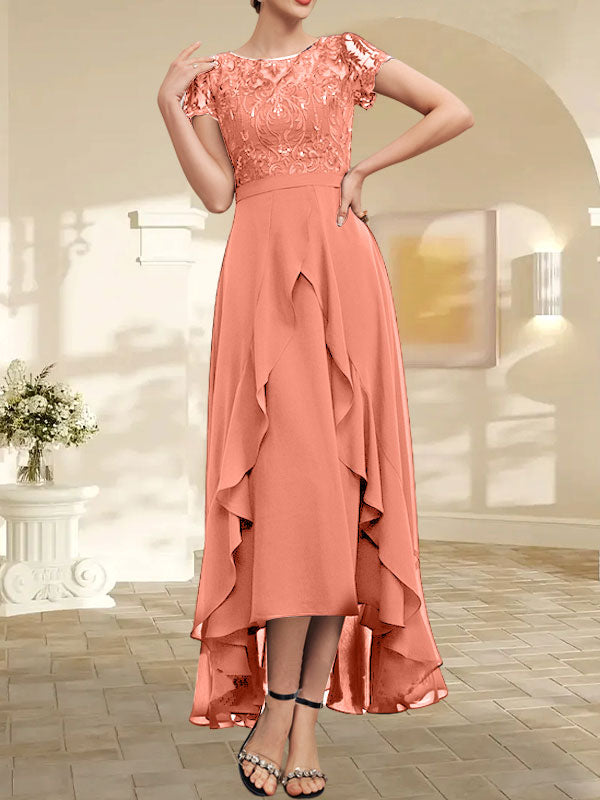 Vestido de madre de la novia de gasa asimétrica con escote en A, ilusión, encaje, lazo, volantes y lentejuelas 