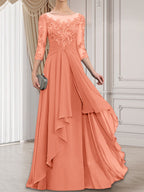 A-Linien-Kleid mit U-Boot-Ausschnitt, Illusion-Effekt, bodenlang, aus Chiffon und Spitze, mit Kaskadenrüschen – perfekt für die Mutter der Braut