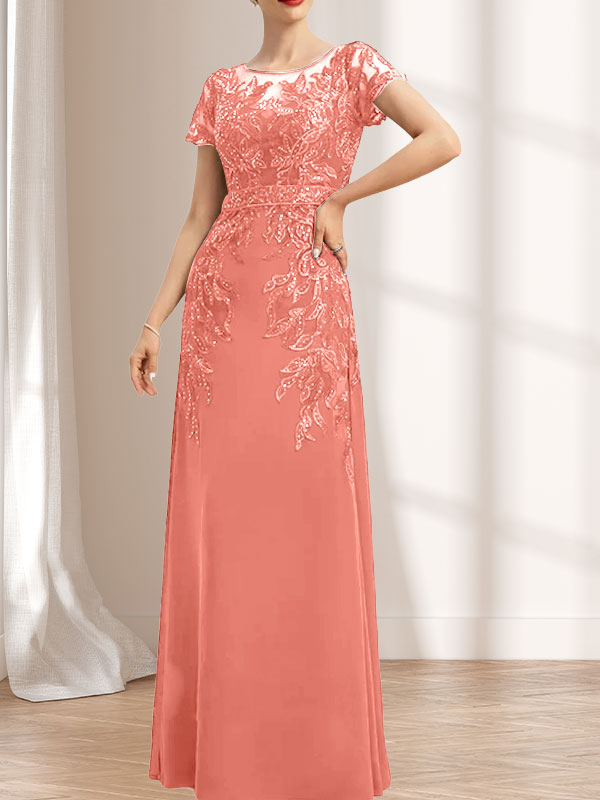 Etuikleid/Säulenkleid mit Illusion-Ausschnitt, bodenlang, aus Chiffon und Spitze mit Pailletten für die Mutter der Braut