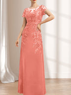 Etuikleid/Säulenkleid mit Illusion-Ausschnitt, bodenlang, aus Chiffon und Spitze mit Pailletten für die Mutter der Braut