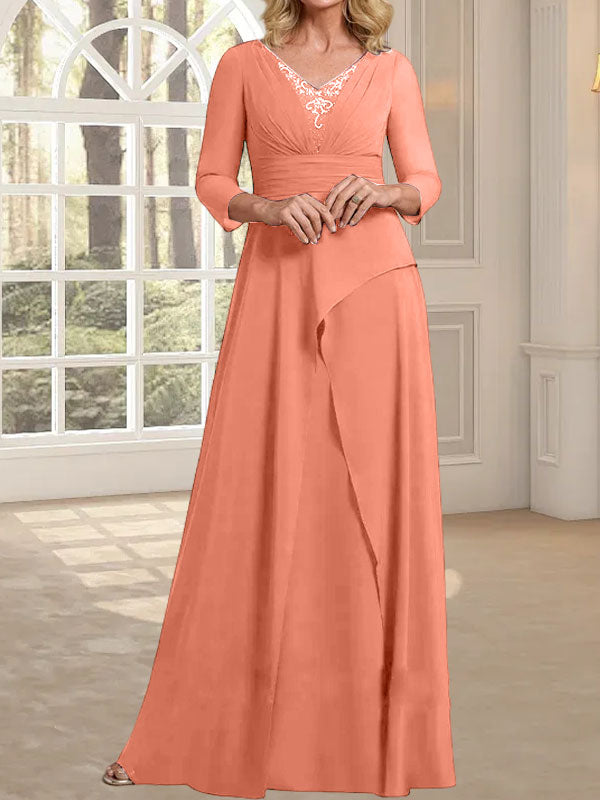 A-Linien-Kleid aus Chiffon mit V-Ausschnitt, bodenlang, für die Mutter der Braut, mit plissierter Perlenstickerei