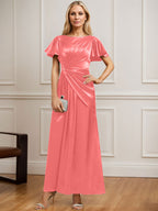 A-Linien-Kleid aus Stretch-Satin mit Rundhalsausschnitt und knöchellanger Verarbeitung für die Mutter der Braut, verziert mit plissierten Perlen. 