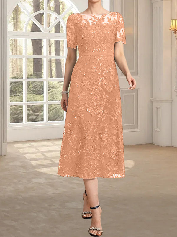 A-Linien-Kleid mit Rundhalsausschnitt, Illusion-Ausschnitt, Teelänge, Spitze und Pailletten für die Mutter der Braut