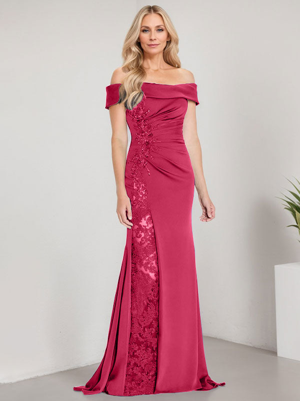 Vestido de sirena con escote en A, hombros descubiertos y largo hasta el suelo para madre de la novia, apliques y cuentas, con abertura alta 