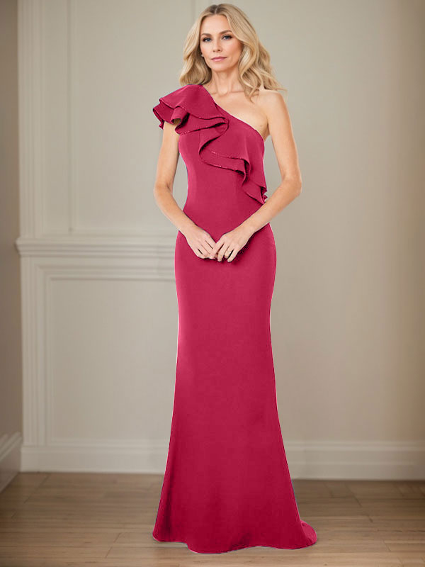 Vestido de gasa para madre de la novia, corte A, un hombro, largo hasta el suelo, con volantes 