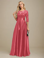 A-Linien-Kleid mit Illusion-Ausschnitt, bodenlang, aus Stretch-Satin und Spitze, verziert mit Schleife und Pailletten, für die Mutter der Braut 
