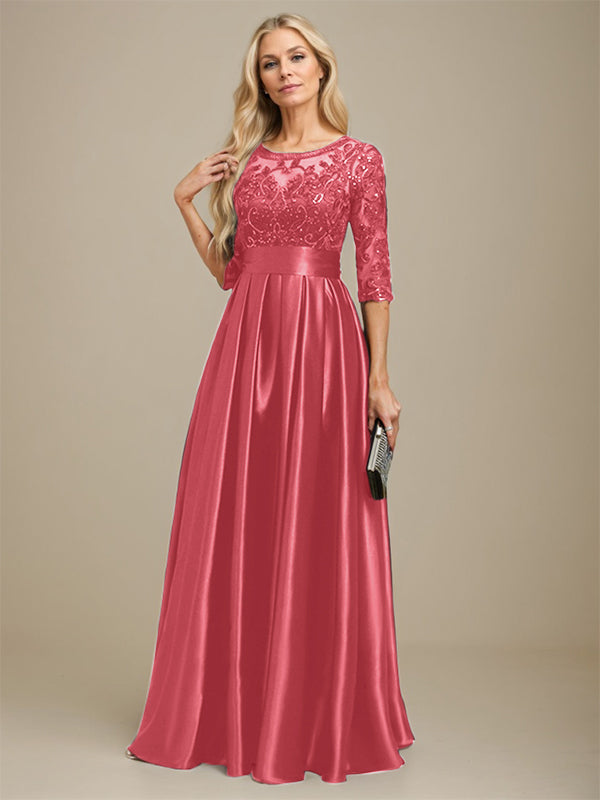 Vestido de madre de la novia de satén elástico con encaje, corte A, escote ilusión, largo hasta el suelo, con lazo y lentejuelas 
