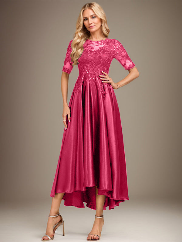 A-Linien-Kleid mit asymmetrischem, transparentem Ausschnitt, Stretch-Satinspitze und Pailletten für die Mutter der Braut 