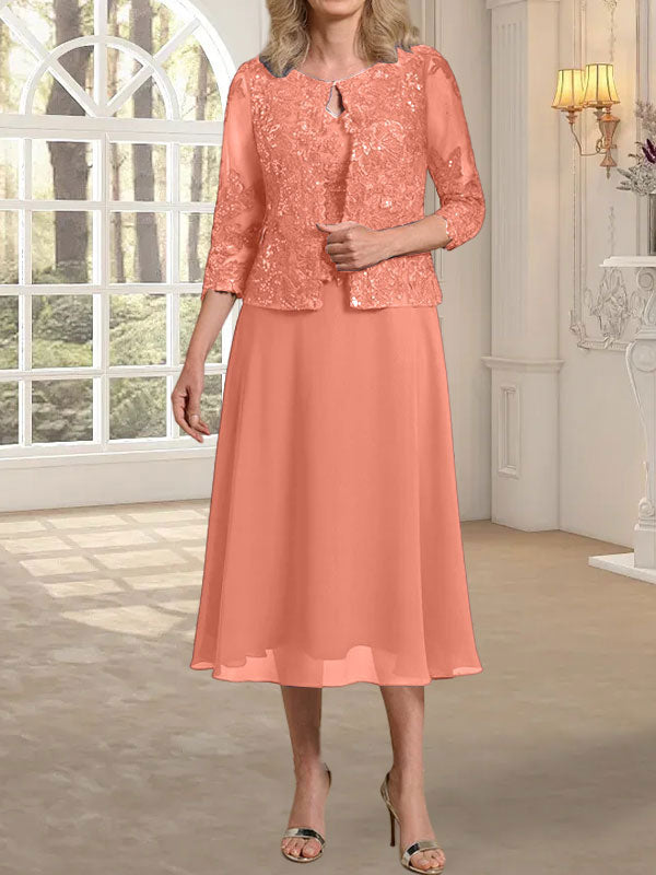 Vestido de gasa con encaje y lentejuelas para madre de la novia, corte A, escote redondo y largo hasta la rodilla 