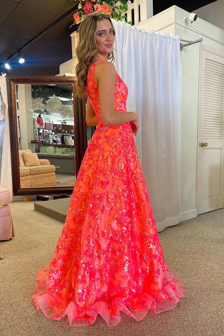 Coral Sequins Lace A Line One Shoulder Prom Dresses, Party Dresses
