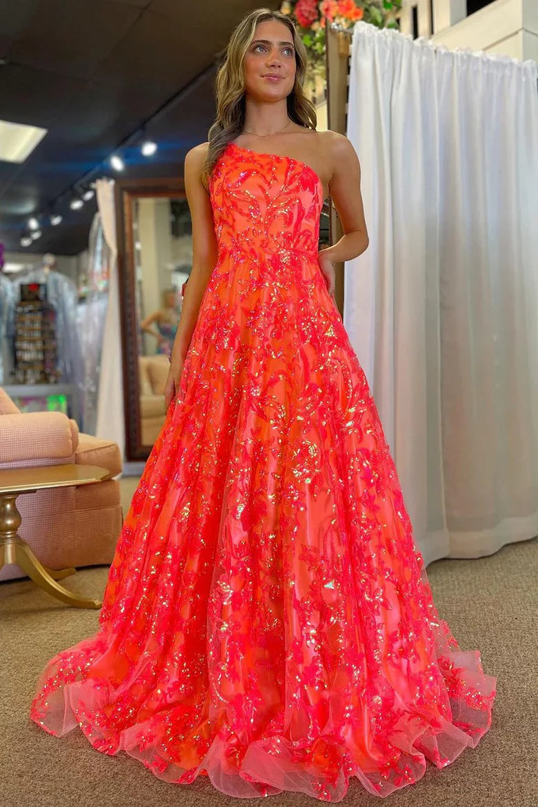 Coral Sequins Lace A Line One Shoulder Prom Dresses, Party Dresses