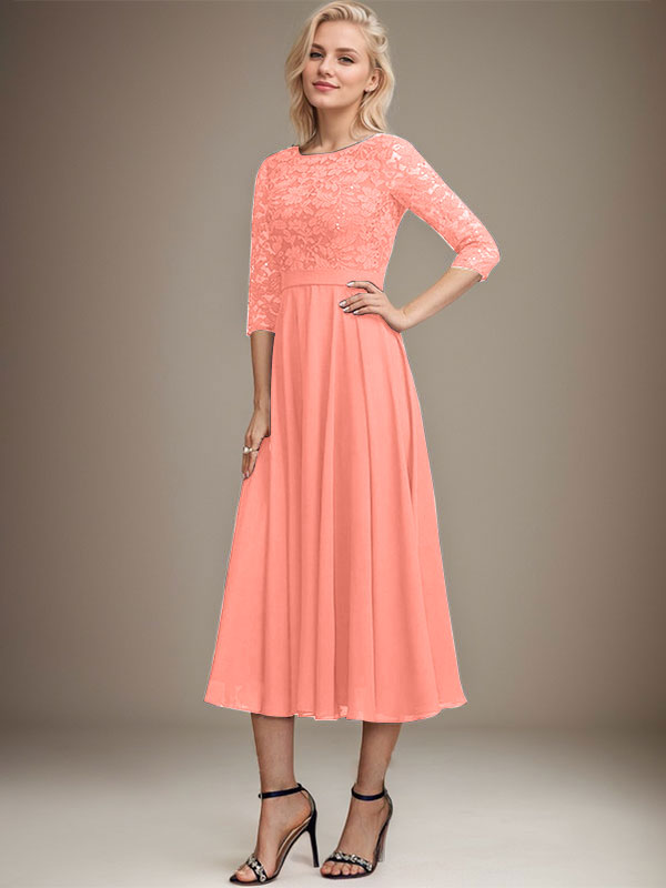 A-Linien-Kleid mit Rundhalsausschnitt, Teelänge, Spitze, Chiffon, Pailletten, für die Mutter der Braut