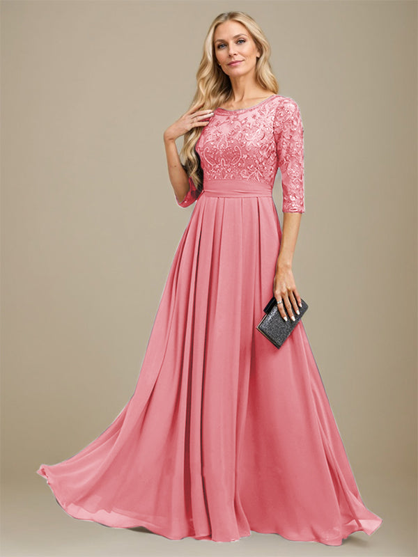 A-Linien-Kleid aus Chiffon mit Paillettenapplikationen und Rundhalsausschnitt, bodenlang, für die Mutter der Braut 