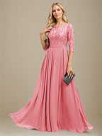 A-Linien-Kleid aus Chiffon mit Paillettenapplikationen und Rundhalsausschnitt, bodenlang, für die Mutter der Braut 