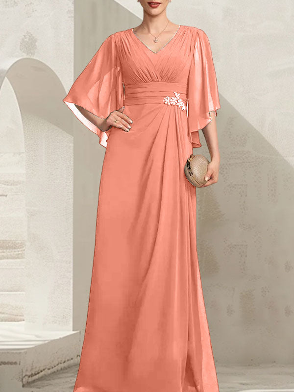 Vestido de gasa para madre de la novia, con escote en V, largo hasta el suelo, con lentejuelas plisadas y abalorios.