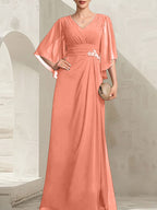 Vestido de gasa para madre de la novia, con escote en V, largo hasta el suelo, con lentejuelas plisadas y abalorios.
