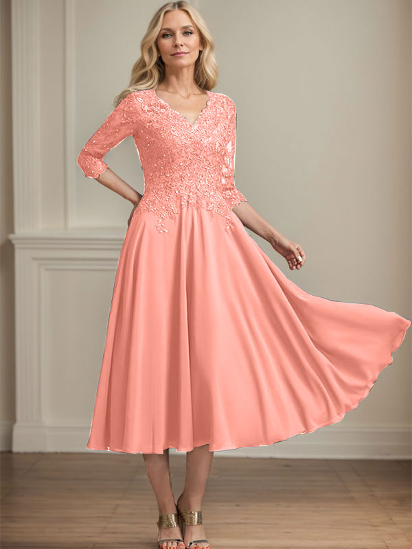 Vestido de gasa con encaje y escote en V, largo hasta la rodilla, para madre de la novia, con lentejuelas y abalorios 