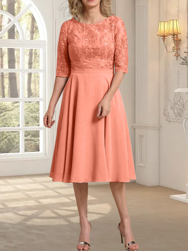 A-Linien-Kleid aus Chiffon mit Rundhalsausschnitt und knielangem Schnitt – das perfekte Kleid für die Mutter der Braut