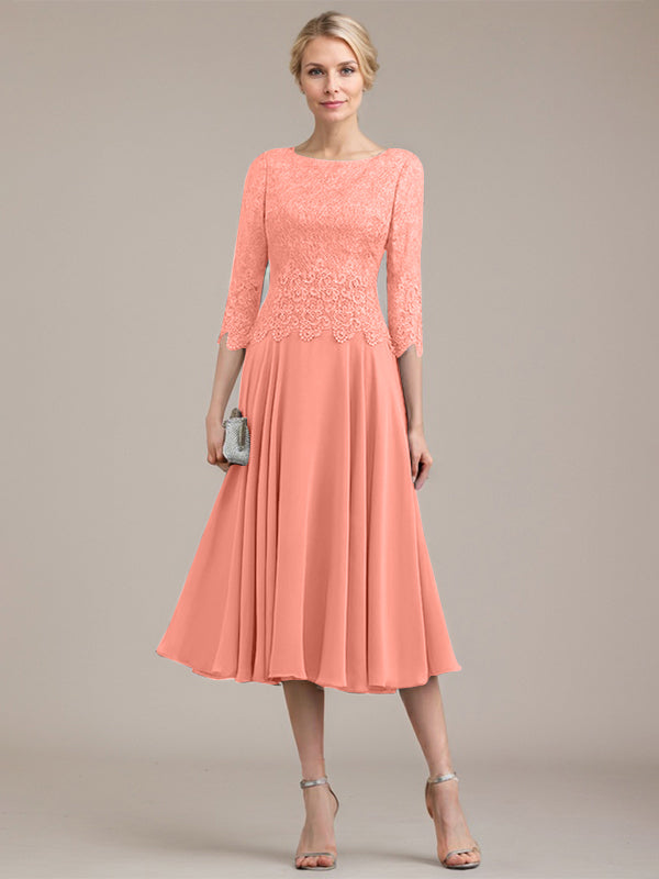 A-Linien-Kleid aus Chiffon mit Rundhalsausschnitt und Teelänge für die Mutter der Braut 