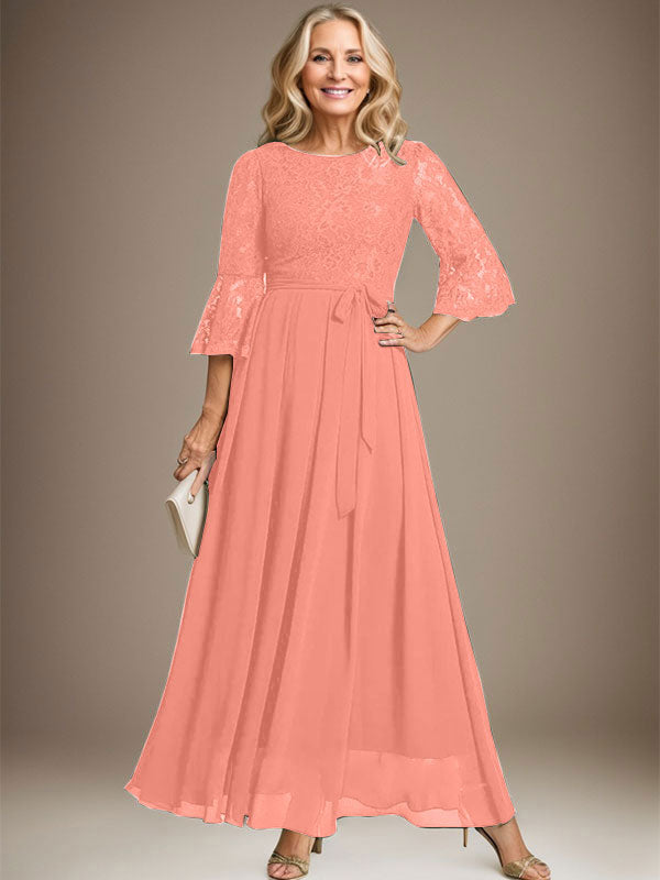 A-Linien-Kleid aus Chiffon mit Rundhalsausschnitt und Schleife, knöchellang, für die Mutter der Braut
