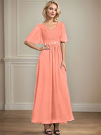 A-Linien-Chiffonkleid mit V-Ausschnitt, Knöchellänge, plissierten Pailletten und Perlenstickerei für die Mutter der Braut