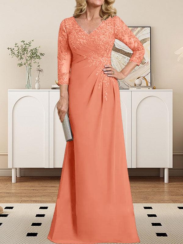 Etuikleid/Säulenkleid mit V-Ausschnitt, Illusion-Detail, bodenlang, aus Chiffonspitze und plissierten Pailletten für die Mutter der Braut 