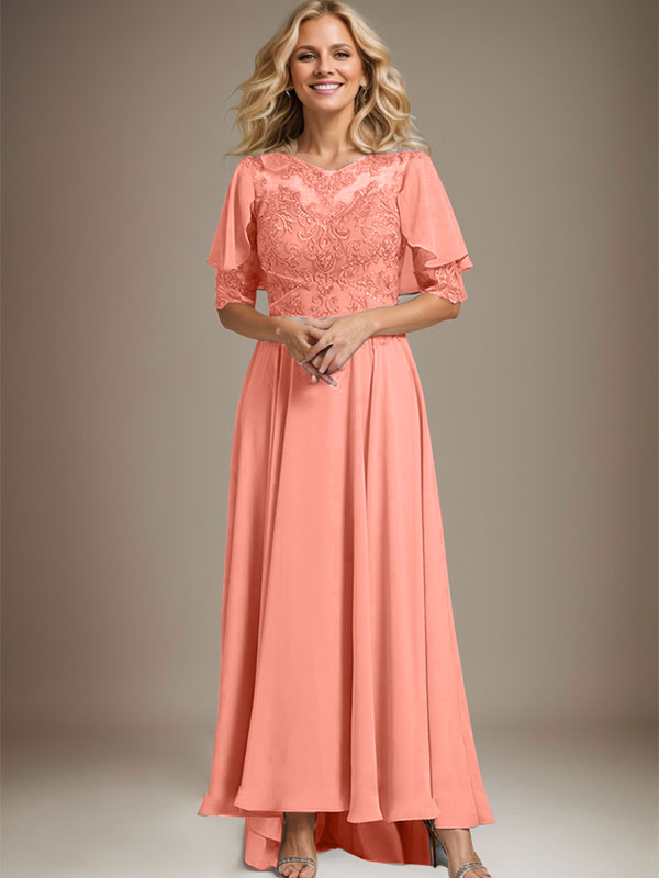 Vestido de madre de la novia de gasa asimétrica con encaje, ilusión, corte A y escote redondo con cuentas 