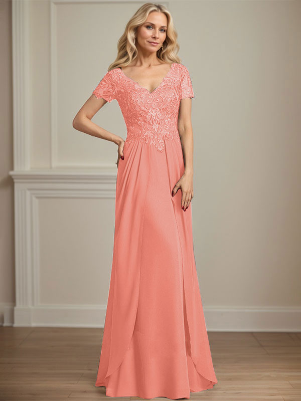 Vestido de gasa con encaje y escote en V hasta el suelo para madre de la novia