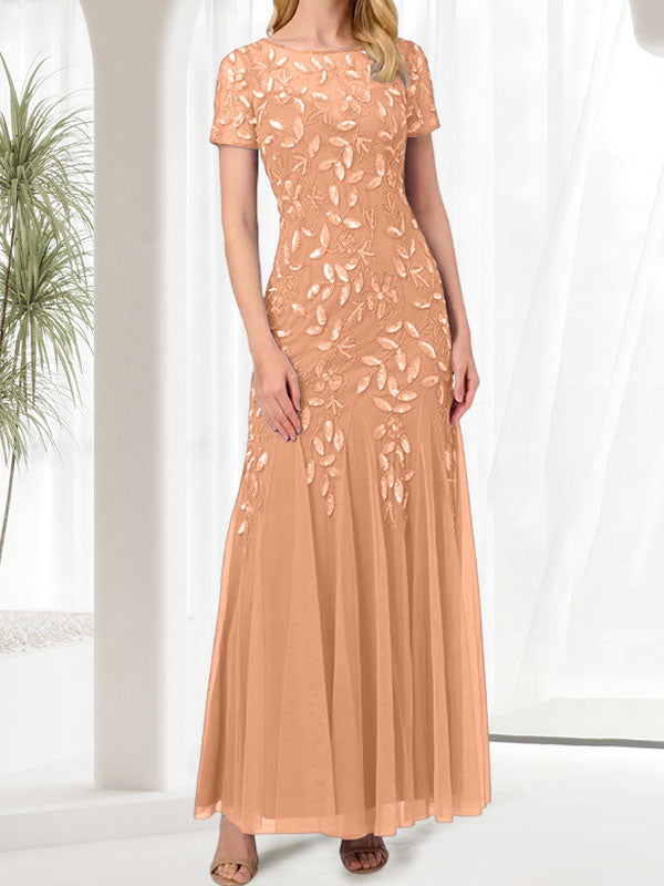 Vestido largo de sirena azul con cuello redondo para madre de la novia con abalorios