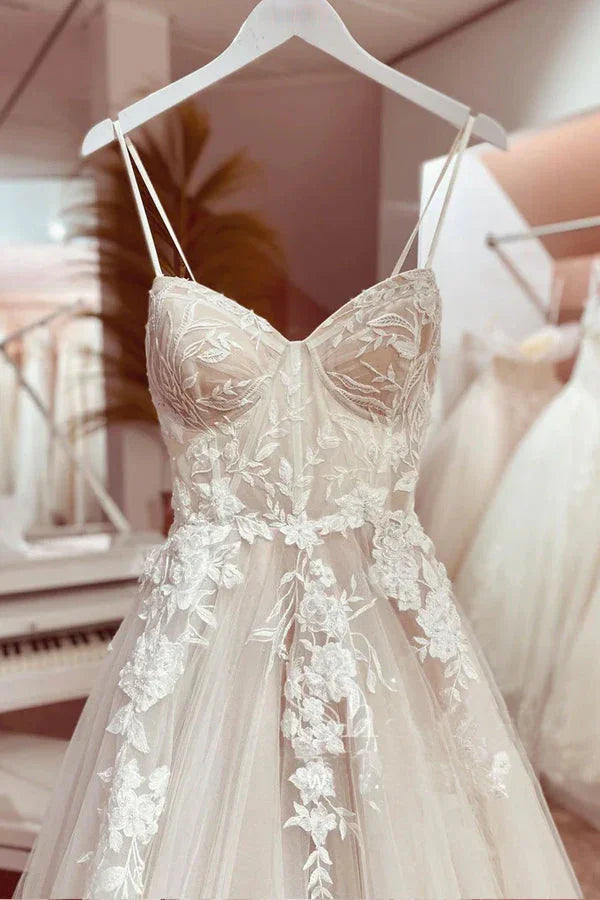 Corset Bodice Spaghetti Straps A Line Lace Wedding Dress Bridal Gown