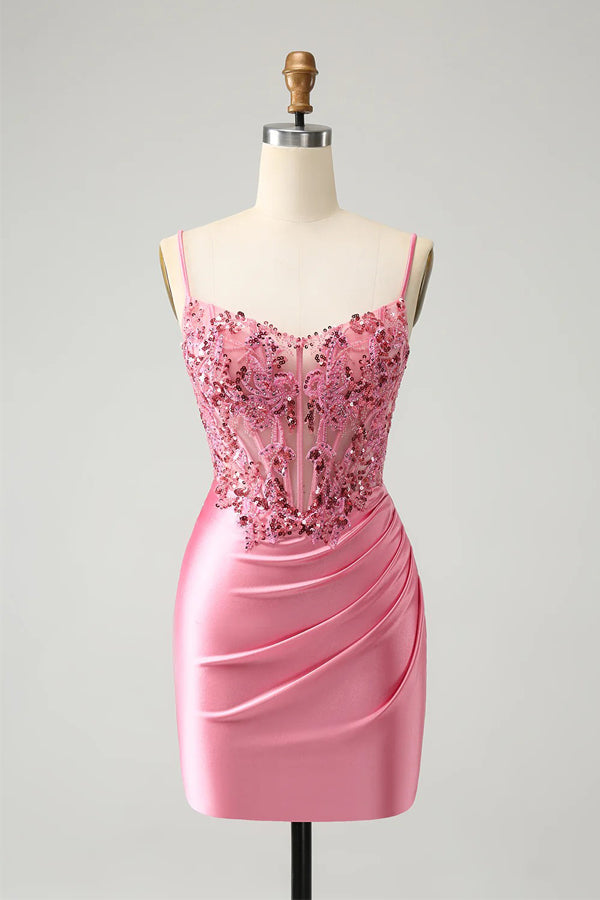 Kurzes, enges Heimkehrkleid im Korsett-Stil, Minikleid mit Perlenstickerei