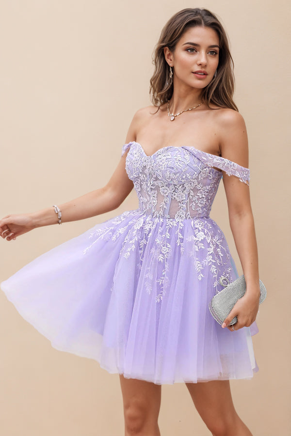 Kurzes, lilafarbenes A-Linien-Abendkleid mit Korsettträgern