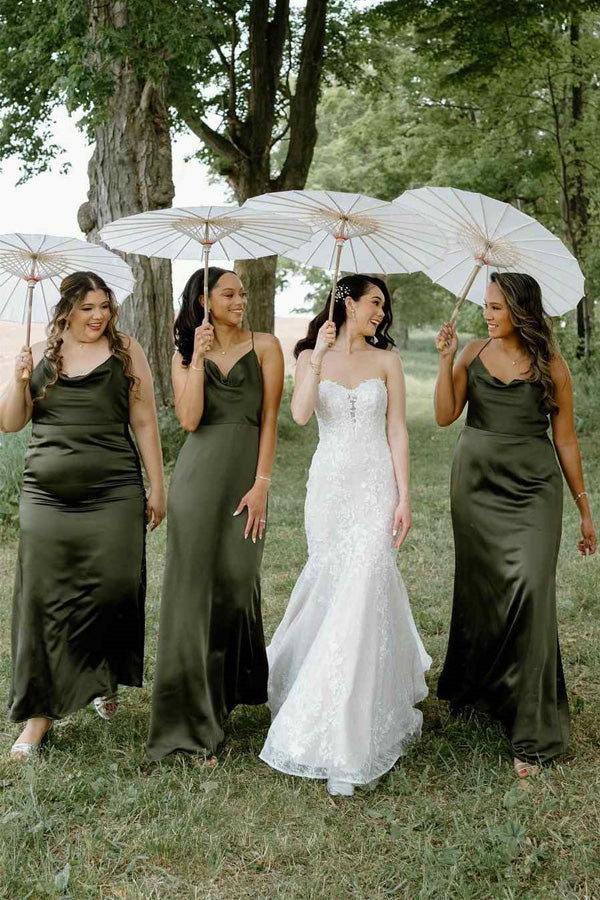 Cowl Neck Spaghetti Straps Satin Pleated Olive Bridesmaid Dress