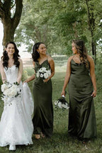 Cowl Neck Spaghetti Straps Satin Pleated Olive Bridesmaid Dress