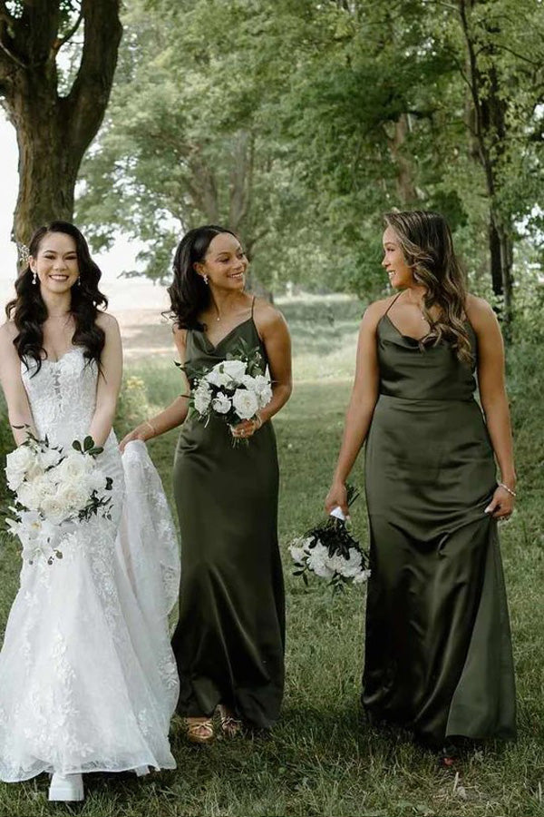 Cowl Neck Spaghetti Straps Satin Pleated Olive Bridesmaid Dress