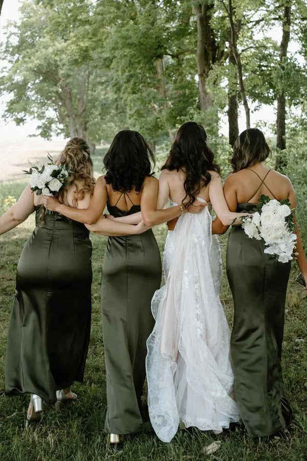 Cowl Neck Spaghetti Straps Satin Pleated Olive Bridesmaid Dress