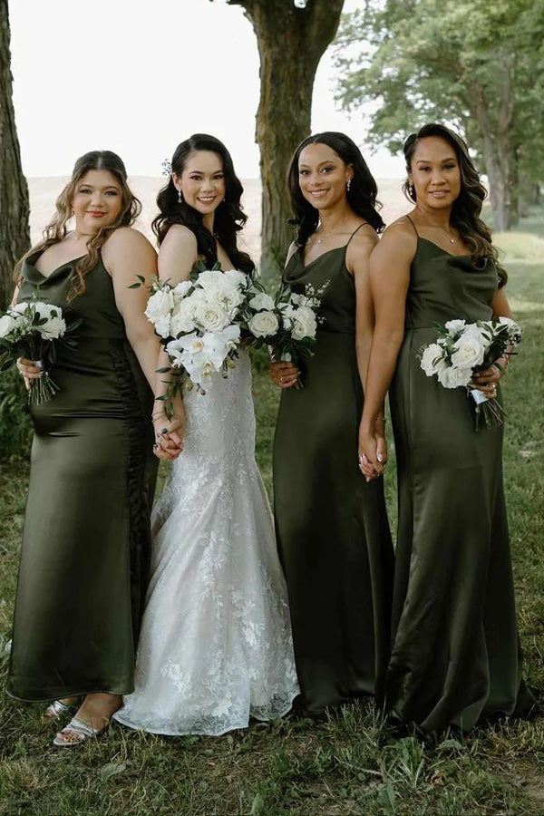 Cowl Neck Spaghetti Straps Satin Pleated Olive Bridesmaid Dress