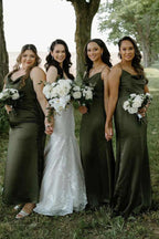 Cowl Neck Spaghetti Straps Satin Pleated Olive Bridesmaid Dress