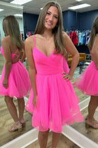 Criss Cross Back Straps A-Line Tulle Hot Pink Homecoming Dress
