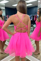 Criss Cross Back Straps A-Line Tulle Hot Pink Homecoming Dress