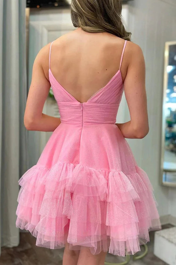 Niedliches A-Linien Spaghetti-Träger Rosa Tüll Homecoming Partykleid
