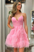 Niedliches A-Linien Spaghetti-Träger Rosa Tüll Homecoming Partykleid