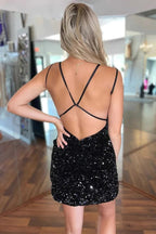 Cute Black V Neck Backless Sequins Tight Homecoming Dresses