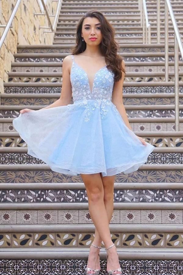 Cute V Neck Light Lace Floral Short Prom Homecoming Dresses